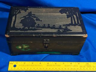 Antique Victorian Carved Wood Cedar Box Jewelry Trinket Black Cameo Scene Vtg