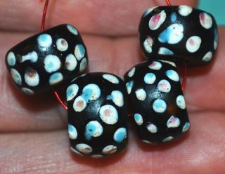 Antique Black Venetian Lampwork Trail Decorated Skunk Eye Beads,  African Trade 2