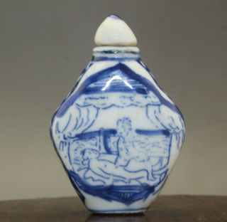 Rare Chinese Hand - Painted Man Woman Story Blue And White Snuff Bottle A048