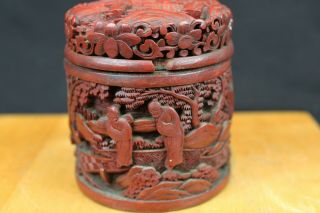 Antique Chinese Hand Carved Lacquered Red Wood Box 3  X3.  5