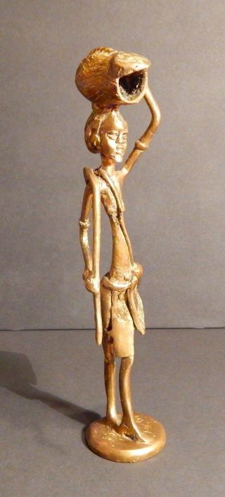 Vintage African Brass Or Bronze Figure Woman Carry Vessel On Her Head & Hoe On H