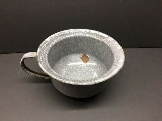Antique Gray Quality Ware Enamelware chamber pot with handle and label 3