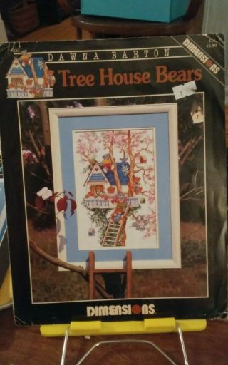 Vtg Rare Dimensions Dawna Barton Cross Stitch Chart Tree House Bears