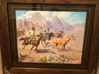 Rare Vintage Western Silk Screen On Mirror Cowboys Wrangling Wild Horses Framed