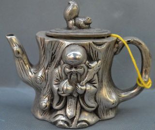 China Old Collectable Miao Silver Carve Fortune God Auspicious Tibet Tea Pot