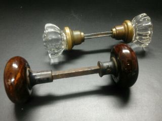 2 Antique Door Knobs With Shaft 12 Point Glass & Brass & Brown Porcelain