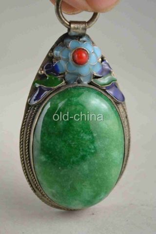 China Delicate Handwork Old Cloisonne Jade Tibet Silver Pendant B01