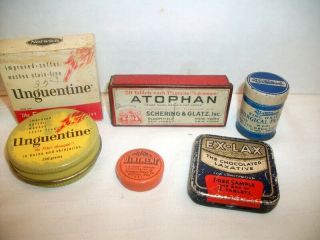 Groups Of Five Antique / Vintage Medicine Medical Tins - Atophan Ex - Lax,  More