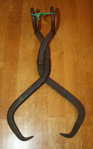Vintage Antique Primitive 17 " Iron Ice Hay Tongs Pounded Rivets Very Old