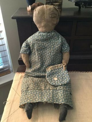 Early Primitive Handmade Cloth Rag Doll In Vintage Clothing