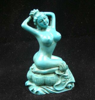 Chinese Handmade Carving Statue People Ancient Beauty Natural Turquoise Deco Art