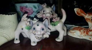 Vintage Antique Jewel Kitty Cat Salt And Pepper Shakers Pink Anthropomorphic