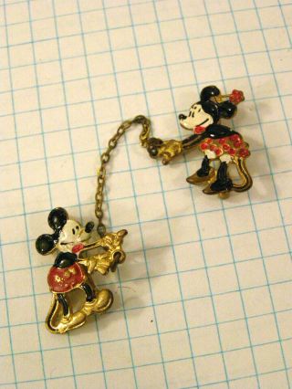 Antique 1930s Walt Disney Mickey & Minnie Sweater Lapel Collar Pin Brooch
