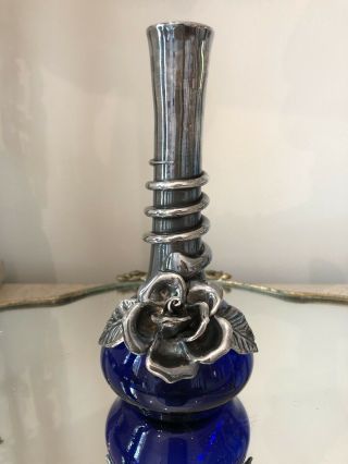 Vintage Sterling Silver Designer Signed Cobalt Blue Art Glass Italian? Vase Rose