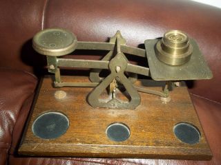 Antique English Postal Scale Brass With Wood Platform Weights Vintage