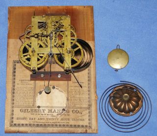 Antique Gilbert Mnfg Mantle Clock Movement W/ Chime And Pendulem,  Early - Parts