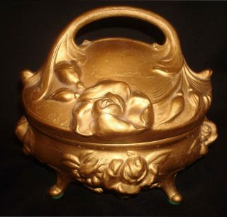 Antique B&w Brainard Wilson Art Nouveau Gold Rose Bud Jewelry Casket Trinket Box