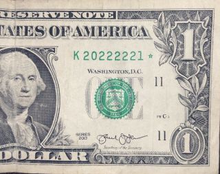 One Rare & Unique Dollar Bill ($1) Near Solid,  Trinary,  Low Numbers,  Star Note⭐️
