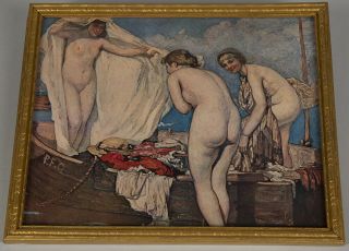 Framed 20th Century Fine Art Print Signed Pfq Three Nude Graces On Boat