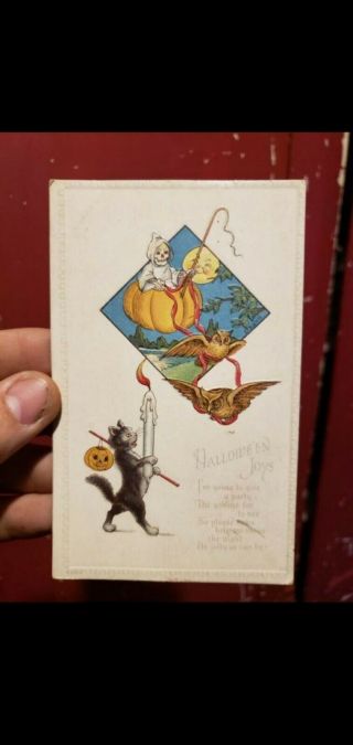 Halloween Post Card Jack - O - Lantern Black Cat Rare Early 1920s Antique Vintage