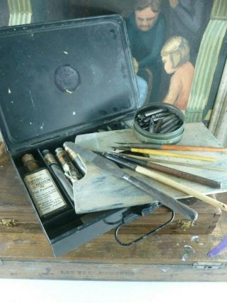 Very Rare Edwardian Winsor & Newton Artists Metal Pen Painting Box With Contents