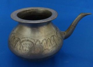 Vintage Old Handcrafted White Metal Hand Engraved Holy Water Pot With Spout