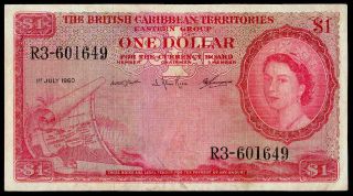 British Caribbean Territories 1 Dollar 1960 Pick 7c Queen Elizabeth Ii Rare (