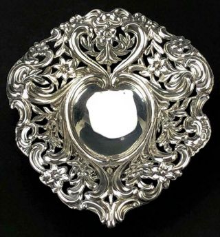 3 1/2 " Sterling Silver 925 Heart Shape Ornate Pierced Floral Candy Nut Dish Bowl
