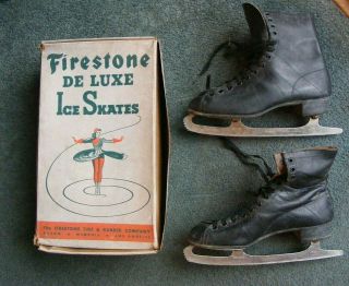 Rare Vintage Firestone Tire & Rubber Company Mens Black Ice Figure Skates W/ Box