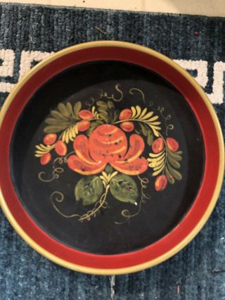 Antique/vintage Hand Painted Round Metal Tole Tray Rare Colors Orange 13 1/4” D