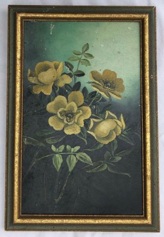 Yellow Flowers Vintage Antique Early 1900s 20th C.  Oil Painting On Academy Board