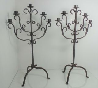 Pair Antique Hand Forged Wrought Iron Candlestick Candle Holders Candelabras N/r