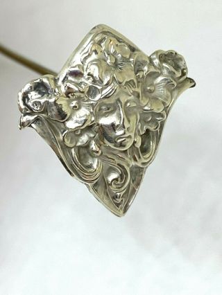 Antique Hat Pin Sterling Art Nouveau Mysterious Lady Flowers Adorned.  Collectible