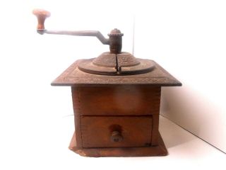 Antique Coffee Mill Grinder Wood Cast Iron 1800 