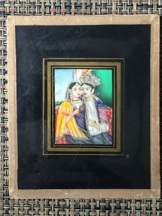 Antique Mughal Indian Portrait Oil Painting Royal Couple Mounted Behind Glass