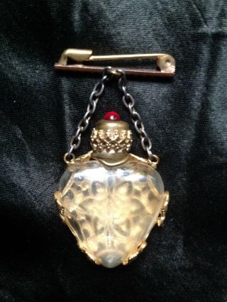 QUALITY ANTIQUE FRENCH HEART GLASS ORMOLU PERFUME SCENT BOTTLE BROOCH CHATELAINE 3