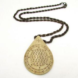Antique 18th Century Pendant Carved Celtic Engravings On Copper Handmade Chain