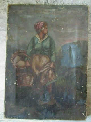 Antique Rustic Oil Painting On Canvas Woman With Marketing Baskets