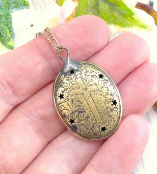 Antique / Vintage Oval Brass Pendant Necklace With Engraved Cross Design