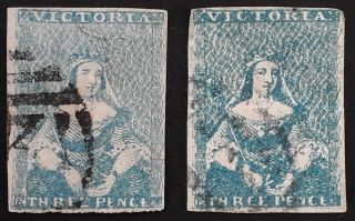 Rare 1854 - Victoria Australia 2 X 3d Blue (shades) Half Length Stamps C,  F Print