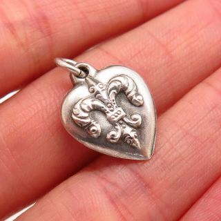 Antique Victorian 925 Sterling Silver Repousse Fleur - De - Lis Heart Charm Pendant