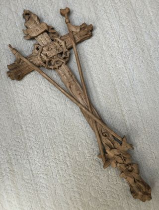 Antique Oberammergau Germany Wooden Hand Carved Cross 14 " Tall Circa 1900