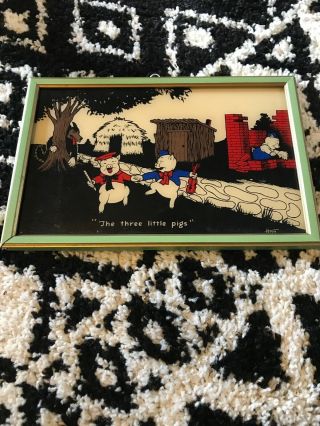 Rare Vintage Reliance No 425 " Three Little Pigs " By Houle Glass Picture Frame