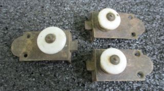 3 Antique Spring Loaded Brass Mortise Style Cabinet Door Latches Porcelain Knobs