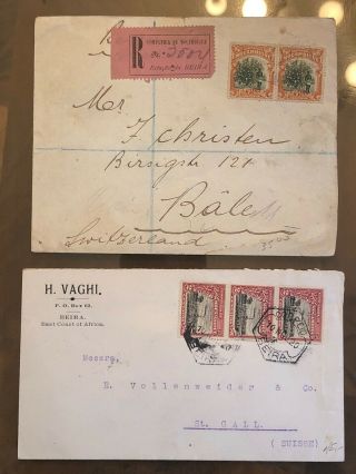 2 Rare 1920’s Mozambique Colonial Portugal Postal Covers Beira To Switzerland