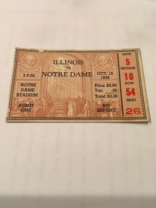 Rare 1938 Notre Dame Vs Illinois Football Game Ticket Pass Fighting Irish
