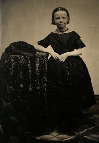 Antique American Smiling Young School Girl Tinted Black Dress Tintype Photo