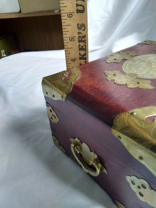 Vintage MUSIC JEWELRY BOX Chinese Cherry Wood and Brass with Jade Medallion 2