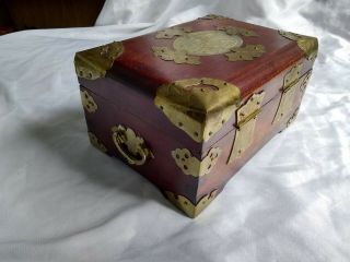 Vintage MUSIC JEWELRY BOX Chinese Cherry Wood and Brass with Jade Medallion 3