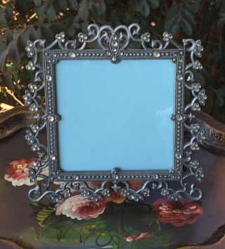 Vintage Style Picture Frame Ornate Antique Silver Tone Rhinestones Victorian